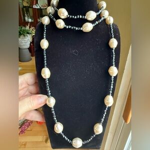 Kenneth Jay Lane Elegant Faux Pearl and Black Bead Necklace